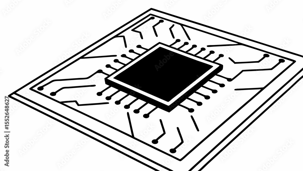 Poster illustration of a black computer chip on a circuit board with connecting lines and pins in detail vi
