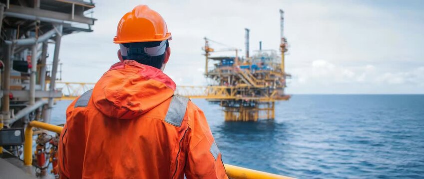 A worker wearing a helmet and safety gear looks at an offshore oil rig in the ocean. 