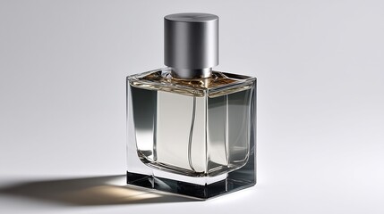 Elegant square perfume bottle with a silver cap on a minimalist white background