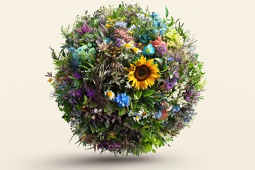 Spherical sphere with diverse plants like sunflowers, daisies, and wildflowers, Earth day background flowers