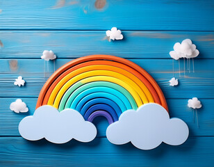  Cute children or baby background, white clouds nad rainbow  on the blue wooden background. AI generated image, ai