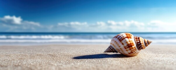 Spiral Patterned Seashell on Sandy Beach with Ocean, Sky, and Sea shell tropical