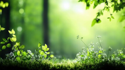 Sunlit Green Forest: Close-Up View with Blur of Dense Foliage, Nature on backgroud, Beautiful