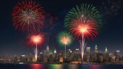 Spectacular fireworks lighting up the sky over the city skyline during a nighttime celebration.