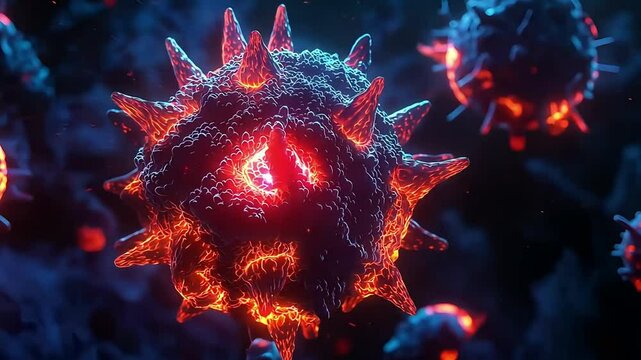 Dangerous virus cell illustration with a fiery, molten lava texture. Concept of an aggressive, mutating pathogen or disease
