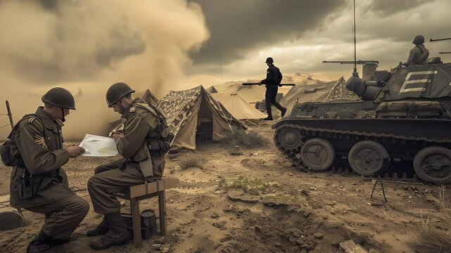 WWII Desert War: Soldiers Planning Strategy Near Tank and Tents