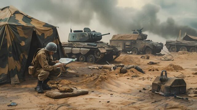WWII Soldier Plans Strategy Amidst Battlefield Chaos