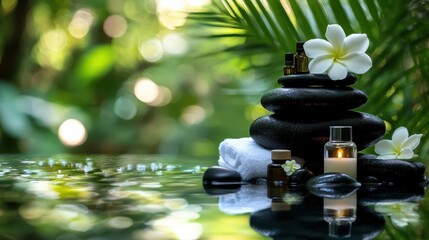 Tranquil spa setting with black pebbles, frangipani flowers, essential oils, Serene and Wellness Retreat