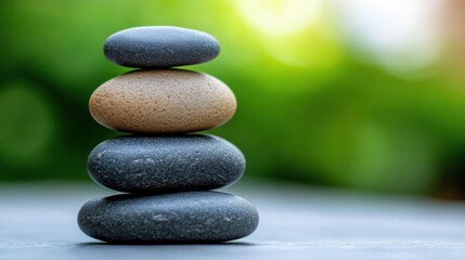 Tranquil Pyramid of Five Pebbles in Garden Setting, Varied Sizes Work Life Balance Initiatives. Emphasizing