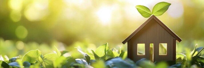 Tranquil Wooden House With Green Leaf, Sunlight, Dreamy Background Blurred, Eco Friendly Modern House, Energy