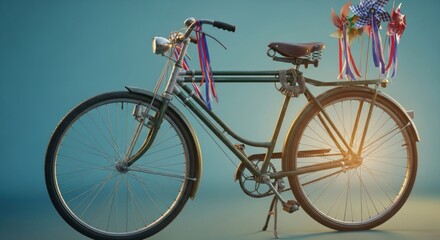 Fototapeta premium Vintage bicycle with pinwheels and ribbons for sale or rent find cheap bikes online