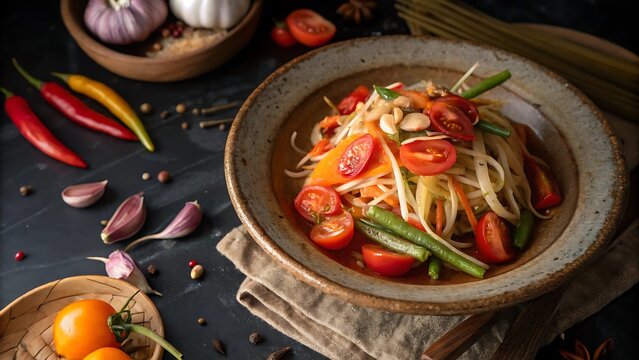 papaya salad summer concept Vibrant bowl of fresh noodles topped with cherry tomatoes and green beans on a rustic table. - Powered by Adobe