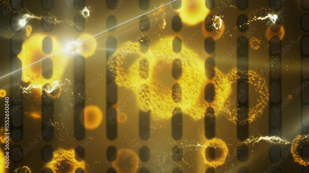 Poster golden microscopic particles collide and scatter in a futuristic technological cell structure