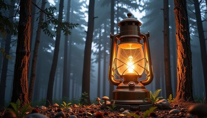 Vintage kerosene lantern glowing warmly in misty dense forest surrounded by tall trees and vibrant green foliage on a mysterious atmospheric night scene