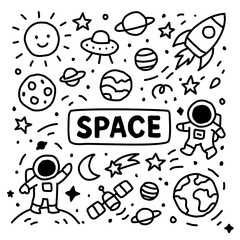 Cute hand-drawn space doodle icons in black line style. Includes astronaut, rocket, planets, UFO, stars, moon, satellite, Earth, and solar system elements. Great for kids’ learning materials, space-th