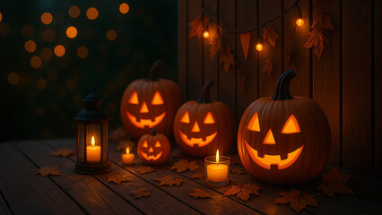 Fototapeta premium Wooden house porch decorated with Halloween pumpkins, candles, and fall leaves