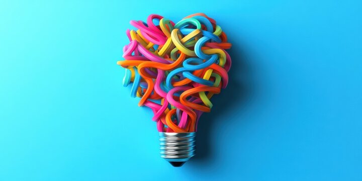 Vibrant 3D Heart-Shaped Light Bulb with Colorful Swirls on Blue Lightbulb as brain shape background - Powered by Adobe