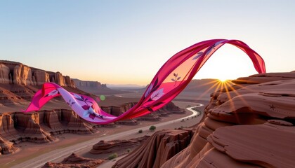 Vibrant pink and purple fabric flowing in the desert wind du sunset over layered canyon cliffs with winding road and distant mountains