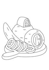 hand drawn vector illustrations Whimsical black and white line art illustration of a charming gingerbread house, perfect for coloring books and creative projects. This delightful candy house design	
