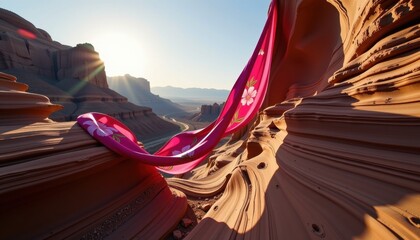 Vibrant pink and floral patterned fabric flowing through a rugged desert canyon with layered rock formations and distant mountains under bright sunlight