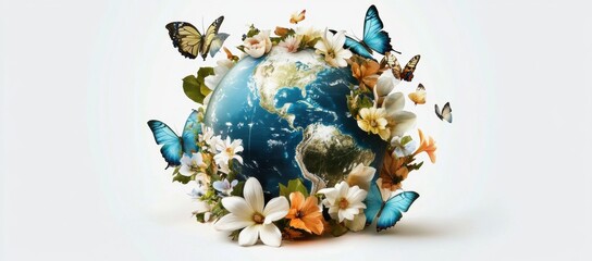 Whimsical Globe with Colorful Flowers and Butterflies Illustration on White Earth day background