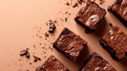 Deliciously gooey brownies arranged on a light blue background, Close-up view of several squares of freshly baked brownies, showcasing their rich, decadent texture and slightly cracked tops.