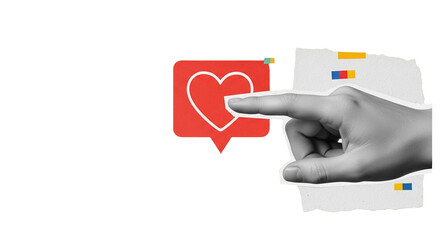 Hand interacts with a social media heart icon in a modern collage