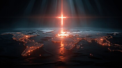 Cross of Light over World Map: A luminous cross radiates above a world map, casting an ethereal glow over the illuminated city lights, symbolizing hope and faith.