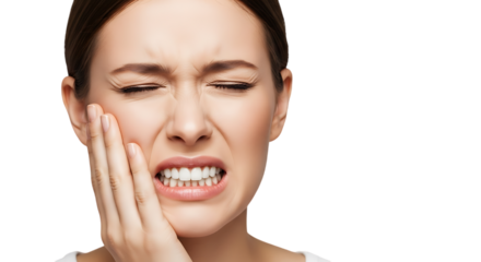 Woman experiencing intense tooth pain and discomfort against a black background