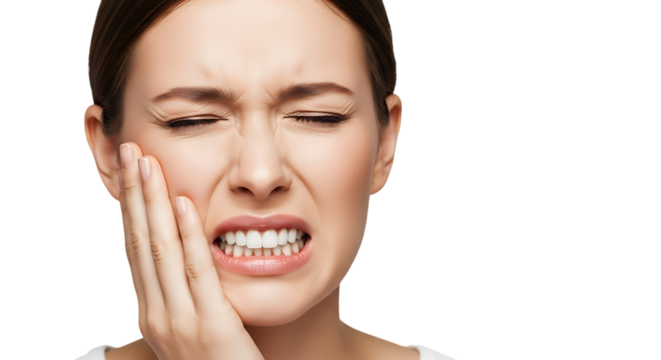 Woman experiencing intense tooth pain and discomfort against a black background