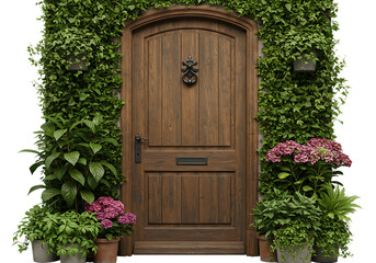 Wooden door surrounded by lush greenery and blooming flowers creating a welcoming entrance