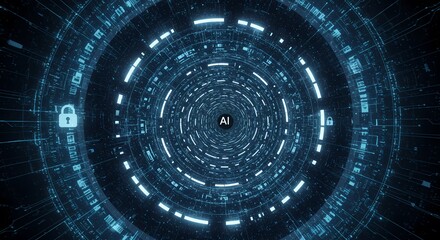 Abstract AI Data Tunnel with Glowing Circuitry and Security Locks.