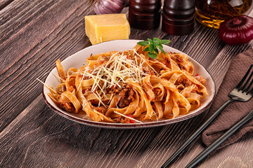Italian pasta bolognese with beef minced meat