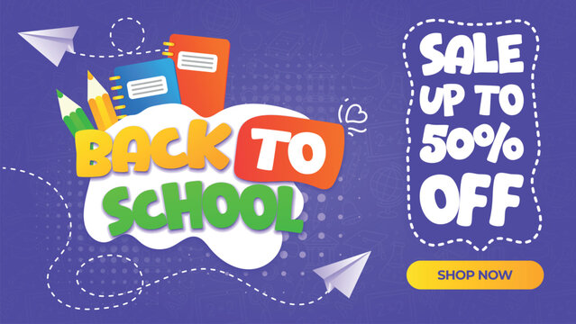 Back to School Sale Banner with Discount Offer and Supplies