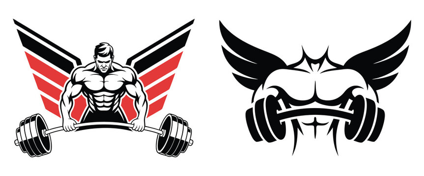 Gym logo of a muscular angel with wings lifting a barbell over a shield, a symbol of divine strength on white background