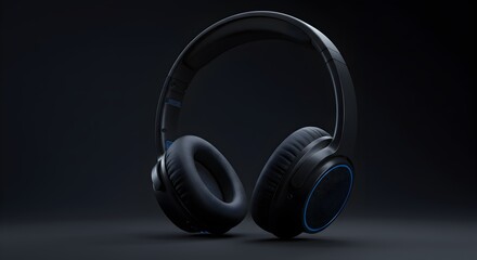 Over-ear headphones with black design and blue lighting on a dark surface
