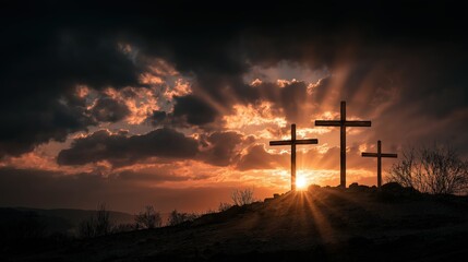 Three Crosses at Sunset: Three silhouetted crosses stand on a hilltop, bathed in the dramatic light of a vibrant sunset, evoking a sense of peace, hope, and faith. 