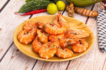 Tasty hot big boiled prawns