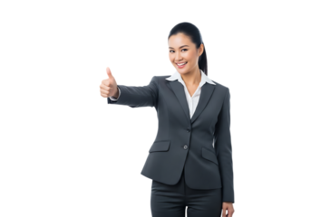 Smiling asian businesswoman giving thumbs up sign with approval in a professional outfit
