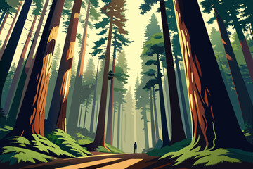 Obraz premium Detailed line art vector of a dense redwood forest, with towering tree trunks reaching skyward, shafts of light filtering through the canopy, and minimal ground detail. Black and white