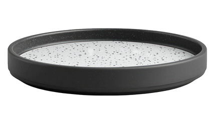 Round gray plate with speckled inner surface, dark rim