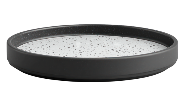 Round gray plate with speckled inner surface, dark rim