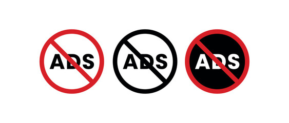 No Ads Icons Pack – Bold Ad Blocker Symbols with Red Circle Warning Style – Clean UI Vector Graphics