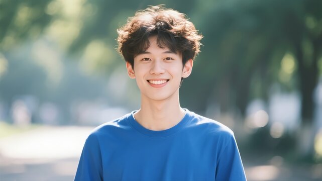 A young curly-haired Asian man smiling	