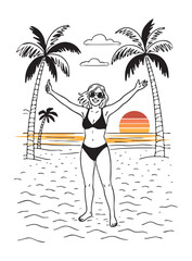 Girl and tropical landscape on orange sunset background, vector sketch. seascape sketch