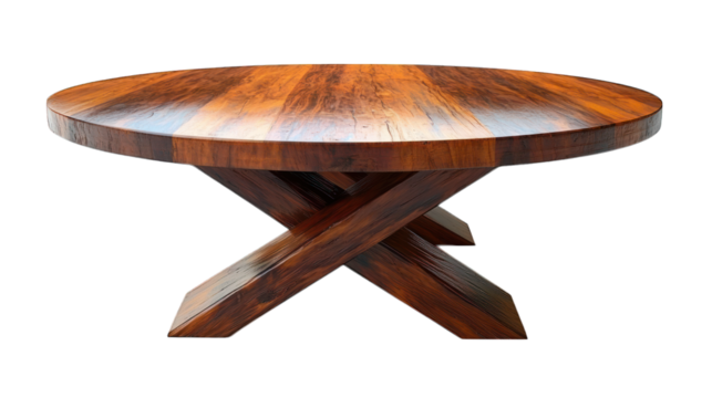 Round wood table, criss cross legs, glossy