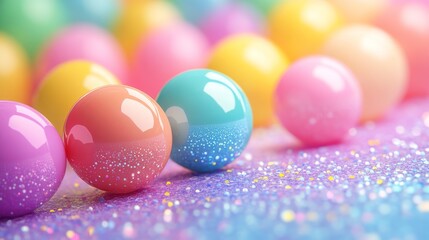 Colorful pastel spheres with glittery accents, abstract background