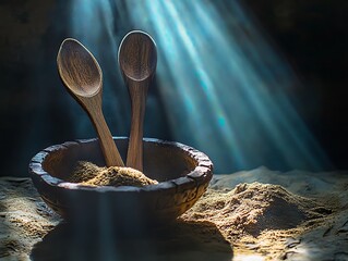 Wooden spoons and rustic bowl with a golden powder under dramatic lighting