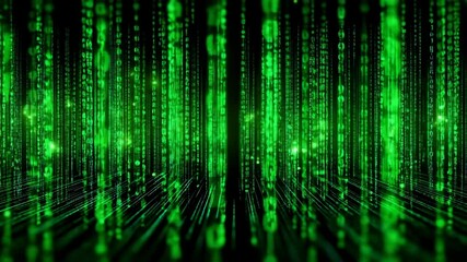 digital matrix of green binary code streams against a dark background. The scene conveys a futuristic technology concept. - Powered by Adobe