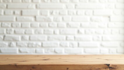 Light Brown Wooden Tabletop White Brick Wall Background